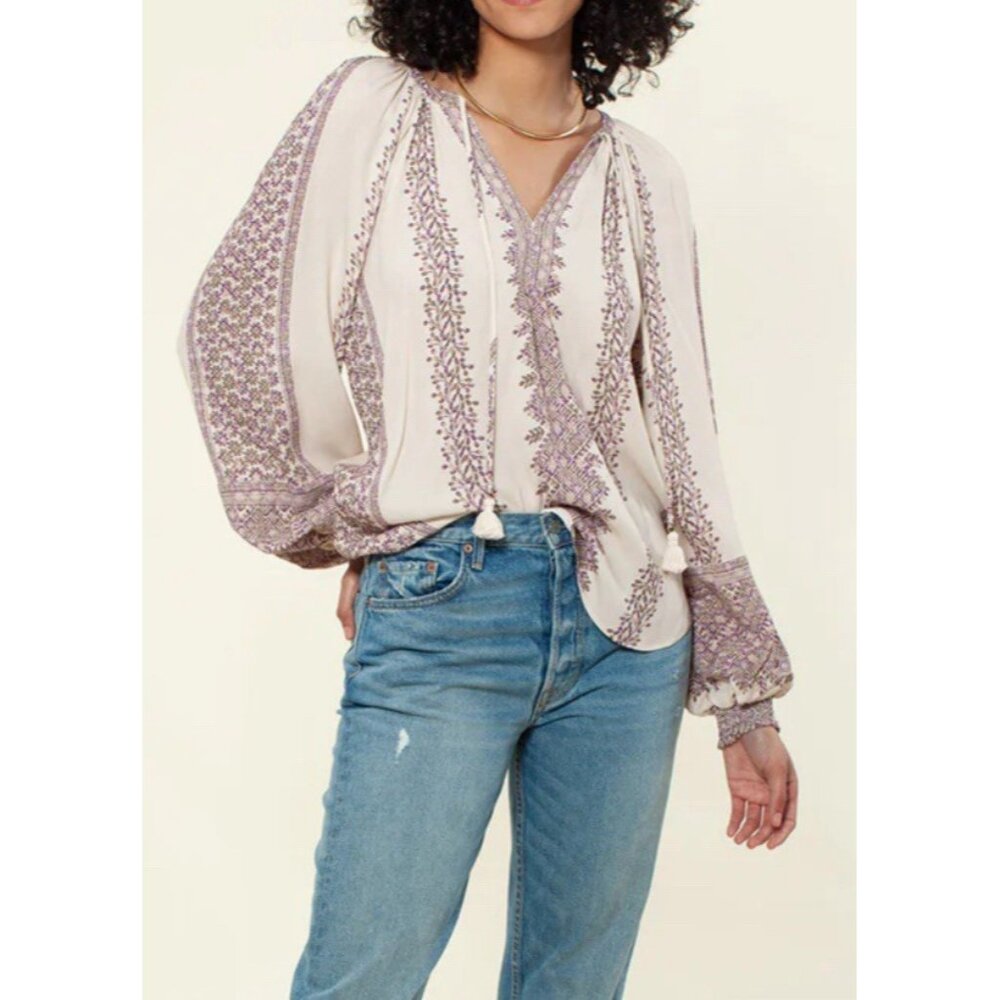 Hale Bob Blouse Women's XS Boho Peasant Blouse oversized